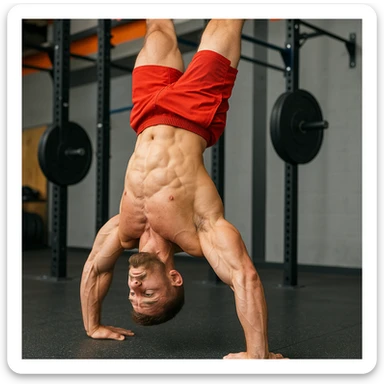 realistic 4K image of a crossfit athlete training handstand push-up exercise, upside down body, prominent shoulder muscles, bright colors, modern gym background sticker