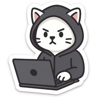 flat toon style white hacker cat wearing a hoodie with a laptop sticker