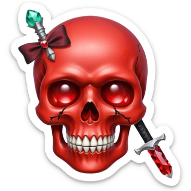 make me a red crystal skull partly see thew super gem like make it realistic and held together by a black bow and a small dager to the eye with cracks coming from it  sticker