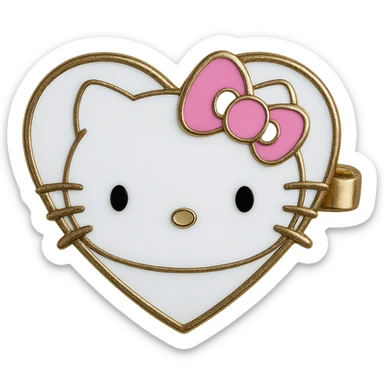 Edit the realistic Hello Kitty hair pin to change the pin shape to a heart while keeping the Hello Kitty face and bow on the pin. Maintain the realistic style and transparent background. sticker
