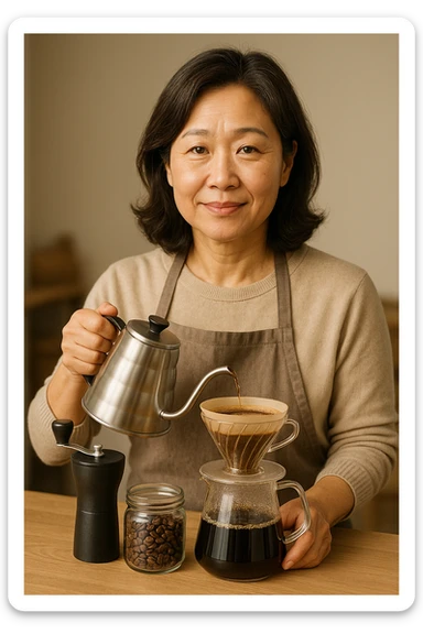 Upper body portrait of a 55-year-old typical Korean woman, specialty coffee enthusiast atmosphere, trustworthy expression emphasizing emotional empathy and information transparency, enjoying a professional coffee experience at home, natural hairstyle and neat clothing, warm and calm color tones, advertising mockup style sticker