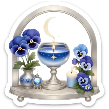 An enchanting night scene where deep blue and light blue pansies gently sway under the soft light of a silver crescent moon. A round, pearl-colored candle sits at the center of a sacred astrological altar, surrounded by silver-trimmed star charts and delicate planetary symbols glowing faintly in the twilight. Nearby, a beautifully crafted crystal sphere rests atop an ancient book of celestial wisdom, reflecting the constellations above. The sky is alive with swirling nebulae and zodiac glyphs, forming intricate cosmic patterns. A faint silver doorway, outlined by threads of lunar energy, shimmers in the background, hinting at hidden knowledge beyond the stars. sticker