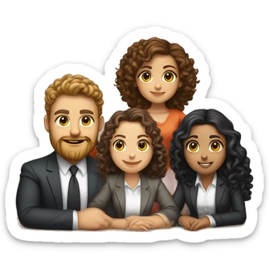 Sitiing on table l hair tanned guy and and one curly dark hair girl one fat guy with a beard and one girl with brown curly hair and two twinsExclusic club guys and girls five people  suits and hanging around they are light skinned and white a table sticker