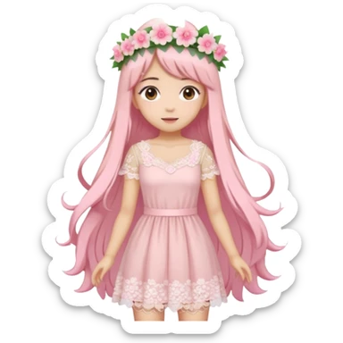 pastel anime woman with pink and white lace dress full body and long hair with flower crown sticker
