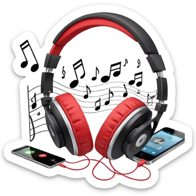 Icon for R&B Music Listening: a pair of high-quality headphones with a music player and speaker beside it, surrounded by musical notes and a subtle background of R&B-related elements like smooth grooves or a microphone and raper's hat. Transparent background. sticker