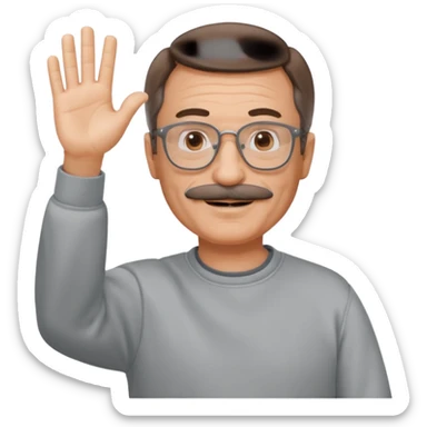 60 yr man partial brown hair parted in center, mustache, light glasses, sweatshirt waving hello sticker