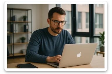 A man in glasses sitting at a desk with a MacBook, working sticker