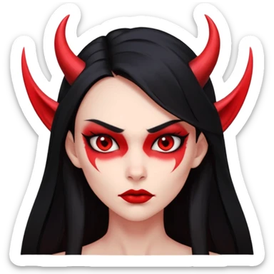 Head only demon girl, strong pronounced cheekbones, sharp angular jawline, skin fully pure red everywhere, long straight sleek black hair, small ho sticker