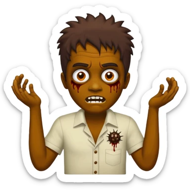 Um garoto zombie de cabelo castanho escuro, com o cabelo chegando no pescoço, com olhos castanhos esverdeados, de camisa branca sticker