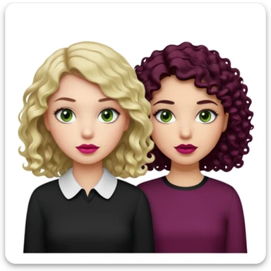 Una chica con el cabello ligeramente ondulado, rubio no tan oscuro, labios en un tono rosa, ojos café y una blusa blanca. Al lado otra chica con el cabello negro rizado, ojos verdes, labios color vino tinto y una blusa negra sticker