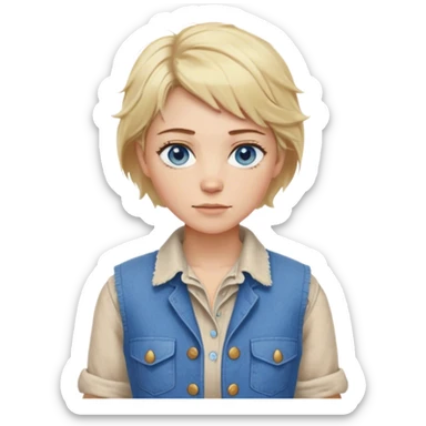 farmer outfit worn by a DnD themed fantasy character. basic linen shirt with a rough wool vest. clothes only above the waist. The clothes full waist. The character's haven't arms. character is blonde hair blue eyes messy short hair white woman. sticker