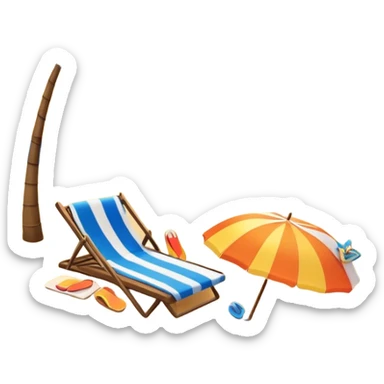 Icon for Beach Tourism: with the blue ocean, orange sunset, yellow sand beach and palm trees in the background, a sun umbrella, flip-flops, and a beach towel on the sand. The icon should represent relaxation and fun at the beach. Transparent background sticker