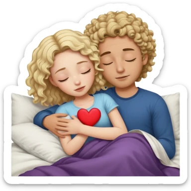 cuddling in bed, asleep. wavy haired blonde girl. man with curly,  dark brown hair. eyes closed. heart between them. no headboard sticker