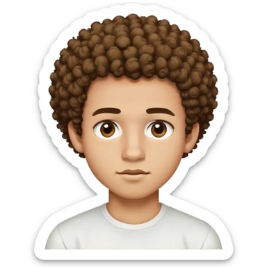 a 17 year old light-skinned boy with slightly brown eyes, small mustache above his lip, very curly hair like a small afro with cut sides, one twisted curl falling on his forehead, wearing a tight white shirt sticker
