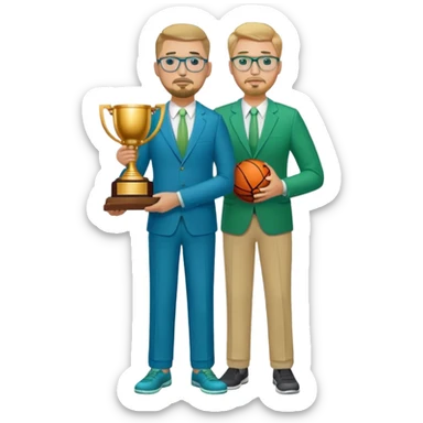 Full Body white plus size man  wearing glasses with a goatee with dirty blond short hair basketball head Coach in blue and green suit holding trophy sticker