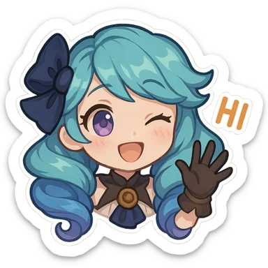 Gwen from League of Legends, chibi style, only head, right eye purple, one hand waving with glove, hi emote, cheerful and welcoming, no text sticker