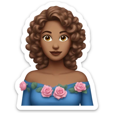 Realistic brasilian woman with longer brown currly hair with pink roses & wearing style blue dress elegantly  sticker
