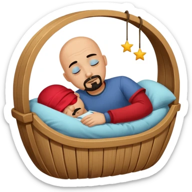 a bald, tan man who has a black goatee sleeping in a cradle sticker