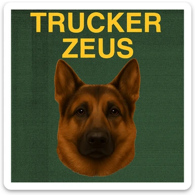 Apply maximum compression to reduce file size as much as possible while keeping transparency, realistic German Shepherd, and yellow 'Trucker Zeus' text. sticker