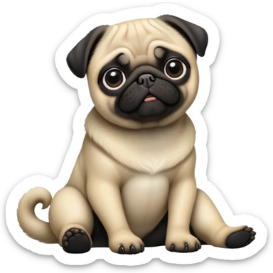cinematic-[pug]-realistic-full-body-sitting-emoji,-tail-resting-loosely-beside-its-paws,-head-tilted-dramatically, -sleek-[black]-fur,-simplified-yet-realistic-focused-features,-highly-detailed,-glowing-with-an-almost-sarcastic-glow sticker