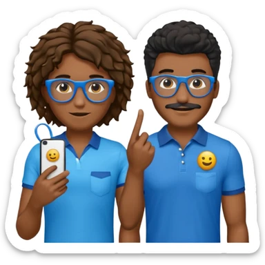 Dois emojis, um homem pardo com cabelos pretos, blusa azul com gola e botões, óculos retangular na cor azul. Mulher parda com cabelo curto preto, óculos redondos e transparentes, está com vestido azul de alças finas e com brincos de argolas douradas na orelha sticker