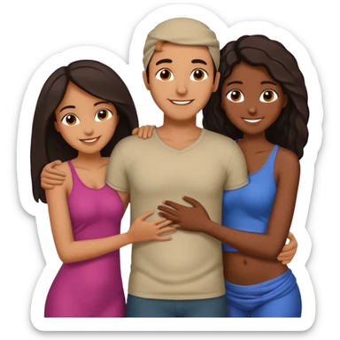 middle Eastern man with two African girlfriends he is 5 inches taller than them. They are rubbing his chest and holding each other breasts and he has his arms wrapped around them around their waist on their butts. sticker