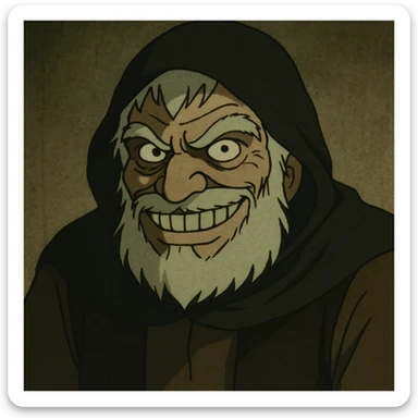 Heidi’s grandfather from the 1978 Japanese series, reimagined as a sinister accomplice, with a creepy smile, in a vintage anime style sticker