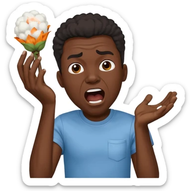 Black man screaming, holding cotton in his hand, expressive face, clear cotton detail sticker