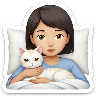 Short hair Asian girl wake up with white cat  sticker