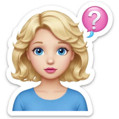 Girl Blonde short wavy hair,  blue eyes, cute blue top, long lashes, pink lips, question mark bubble sticker