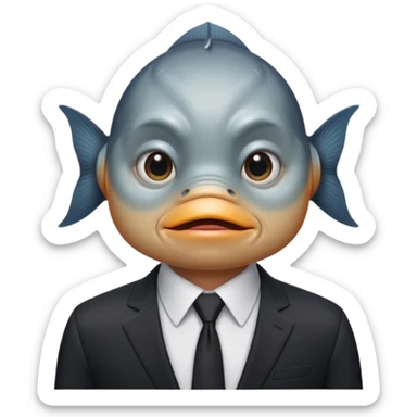 A fish man dressed in a black suit. Its face is grey fish. Just a fish. And The fish is facing upward. The fish’s neck connects smoothly with the collar of the suit. sticker