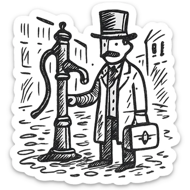 A victorian doctor with a street water pump in a dirty street sticker