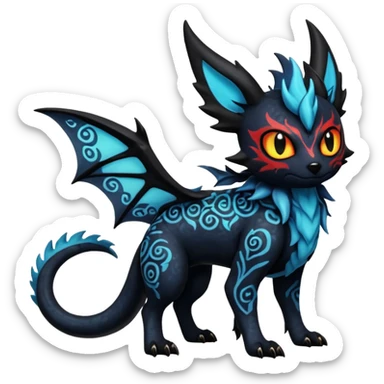 Shiny Fiery Dark Ugly Evil Realistic Glowing Eldritch Horror Cool Edgy Badass Emo Demonic Batty Dusky Ethereal Punky Aural Bioluminescent Hideous Canine-Litten-Amaura-Salandit-Noibat-Flareon-Fakémon-fusion (full body) with intricate pattern markings sticker
