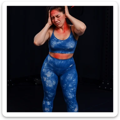 Realistic style edit of the same girl identical to the photo with one hand on the nape and one on the temple, expression of intense pain. Pain symbols like redness and lightning on neck and head. sticker