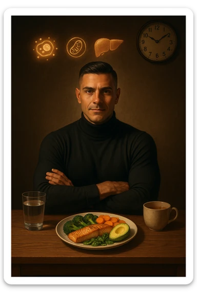 A realistic, cinematic illustration of a healthy, fit man in his early 30s with a calm, disciplined expression, sitting at a clean wooden table in the evening with a single, balanced, nutrient-dense meal in front of him (grilled salmon, colorful vegetables, avocado). The rest of the day he drinks only water and herbal tea, visible in a glass and a simple cup on the side. A wall clock in the background shows 6:00 PM, emphasizing that this is his only meal of the day (OMAD). Subtle glowing icons above him display a regenerating cell, mitochondria, and a liver symbol, representing autophagy, longevity, and health benefits of OMAD. The lighting is warm, with cinematic shadows and natural tones, creating a sense of discipline, mental clarity, and health optimization. The man looks centered and content, showing that OMAD is a conscious choice for energy and regeneration, not restrizione. The scene is realistic with slight film grain for depth sticker