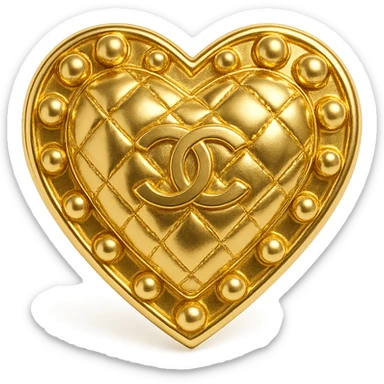 Chanel heart in metallic gold style with a quilted pattern and pearls, luxury fashion vibe sticker