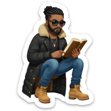 African American man with shoulder length black dreadlocks with black beard wearing black sunglasses wearing a black bubble winter coat wearing denim skinny jeans wearing wheat timberland boots reading the bible sticker