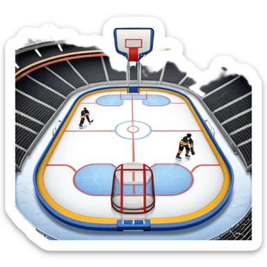 An icon showing a hockey stick, puck, skates, and goalposts on the ice. The background features a large hockey stadium with cheering fans, bright lights, and a snowy landscape visible through the arena. sticker