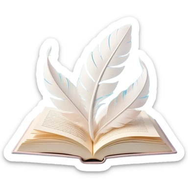 Create a delicate and poetic emoji representing poetry. The design should feature several elegantly flying pages with short poetic columns written on them. The pages should appear light and flowing, almost as if being carried by the wind. Include a white feather gently resting on the pages, symbolizing creativity and inspiration. Use soft, pastel tones to give it a dreamy, artistic feel. The design should feel ethereal and whimsical, capturing the essence of poetry. Make the background transparent. sticker
