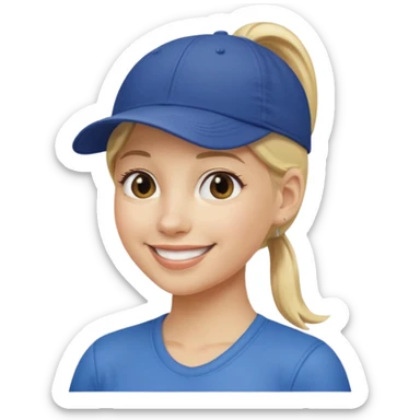 blond woman, pony tail, ball cap sticker