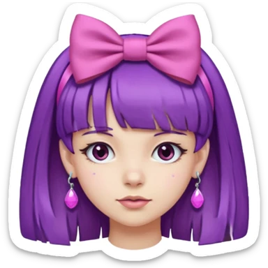 girl with bangs and purple hair and pink hairbow on the side of head and earrings sticker
