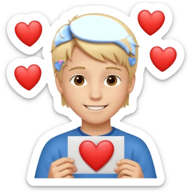 Un garçon blond aux yeux marrons de 13 ans qui tient avec ses mains un L avec des cœurs autour de son visage sticker