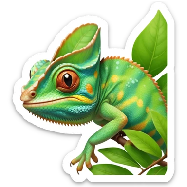 cinematic cute-smiling baby chameleon-realistic emoji,-blending-with-vibrant-greenery.-detailed-scales-in-shifting-colors,-showing-the-chameleon’s-ability-to-camouflage.-soft-natural-light-highlights-its-texture.-light-background, zoomed into its face sticker