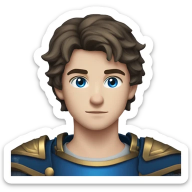 a 6'5" 19 years old Irish, teenage boy with slightly dark short hair. He wields a dark blue flaming sword, and wears a blue armor. He has blue eyes. He is very serious & strong  sticker