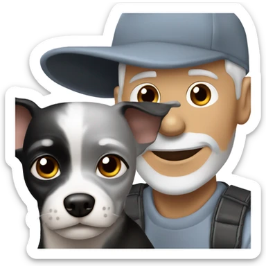 blue eyed gray haired gray goatee man in ball cap holding a black longhair chihuahua  sticker