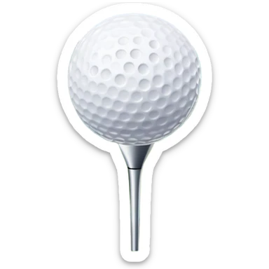A golf ball on a tee with a golf club placed beside it, set against the backdrop of a well-manicured green golf course. The scene emphasizes the equipment and serene atmosphere of the sport, with soft lighting and a peaceful, open landscape sticker