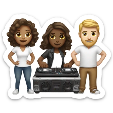 a white girl, a brown girl, and a white guy behind DJ turntables together sticker
