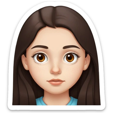 A 12-year-old girl with very long dark brown hair, light brown eyes, thick eyebrows, slightly big lips, a small freckle on her cheek and another small freckle under her eye sticker