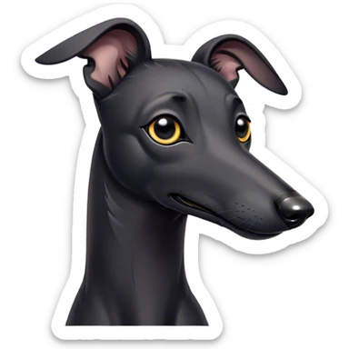 Cinematic Cute Black Greyhound Portrait Emoji, Head tilted playfully and inquisitively, featuring a smooth, shiny jet-black Fur and round, sparkling dark eyes filled with curiosity, Simplified yet irresistibly adorable features, highly detailed, glowing with a warm, friendly glow, high shine, affectionate and agile, stylized with a touch of whimsy, bright and endearing, soft glowing outline, capturing the essence of a mischievous yet loving racer, so playful it feels like it could dash out of the screen and into your arms! sticker