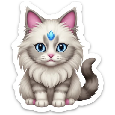 Neva masquerade cat, very fluffy, gray and white, blue eyes and pink nose sticker